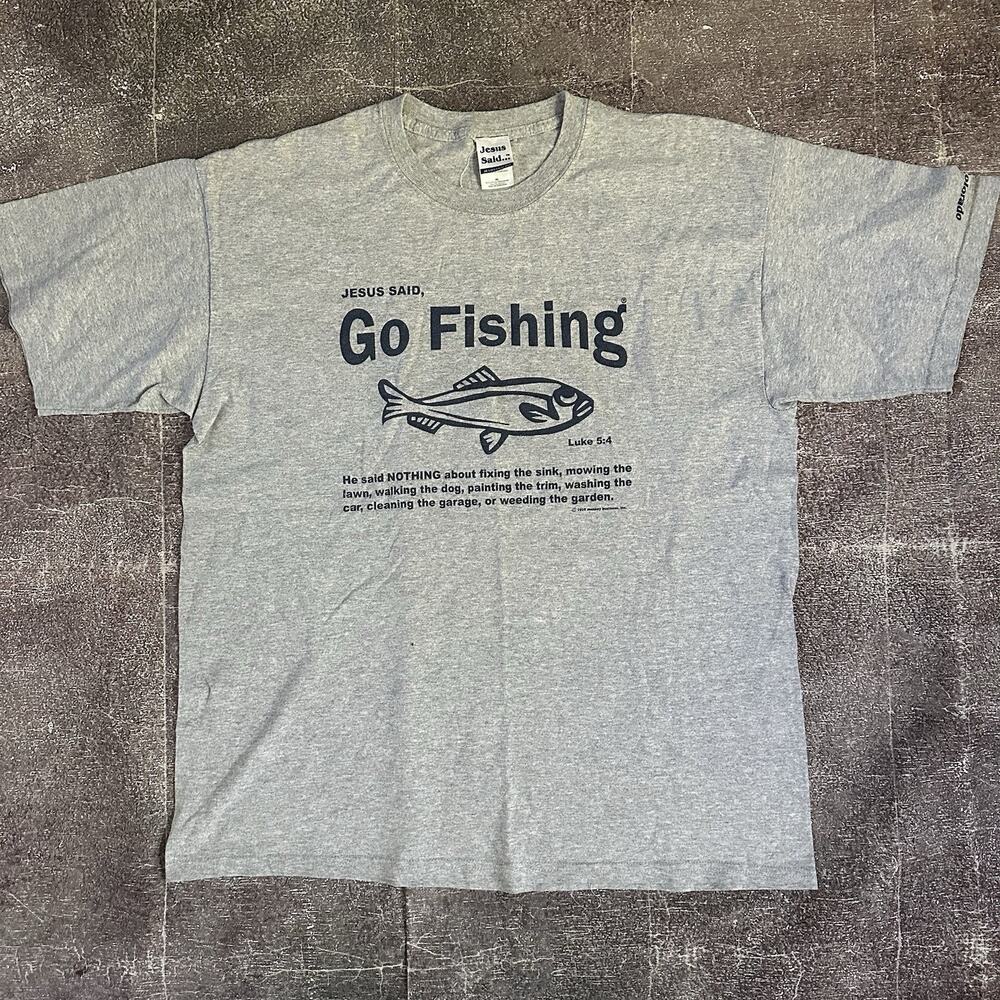 Men's Vintage 90s Jesus Said Go Fishing Heather Gray Navy Blue T Shirt Tee Sz XL